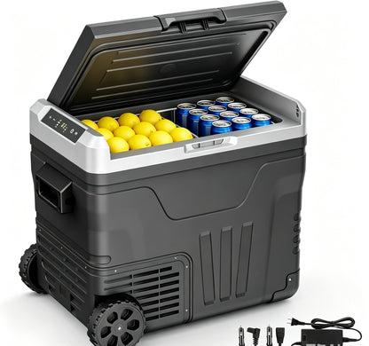 Clearance Portable 12V Car Refrigerator 35L, Dual 12V/24V DC & 110-240V AC Power, -4°F~68°F Adjustable Temp, Wheeled Cooler for RV, Truck, Camping, Boat