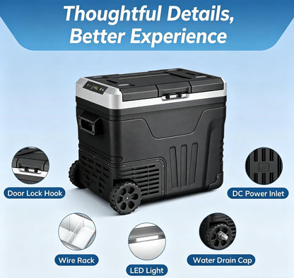 Clearance Portable 12V Car Refrigerator 35L, Dual 12V/24V DC & 110-240V AC Power, -4°F~68°F Adjustable Temp, Wheeled Cooler for RV, Truck, Camping, Boat